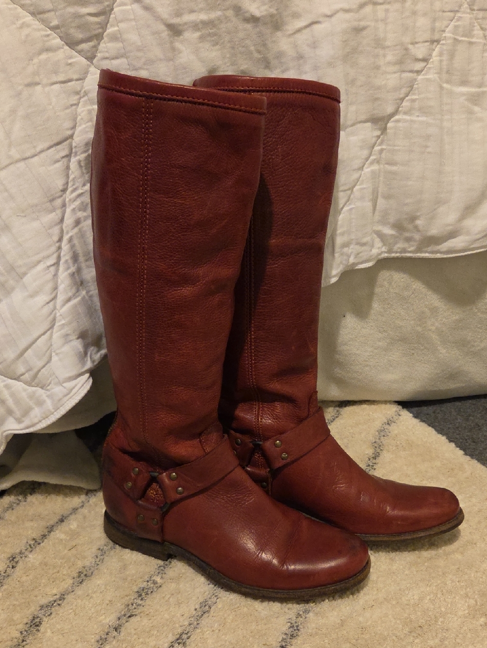 Frye Tall Harness Over-the-Knee Boots in Burgundy Leather